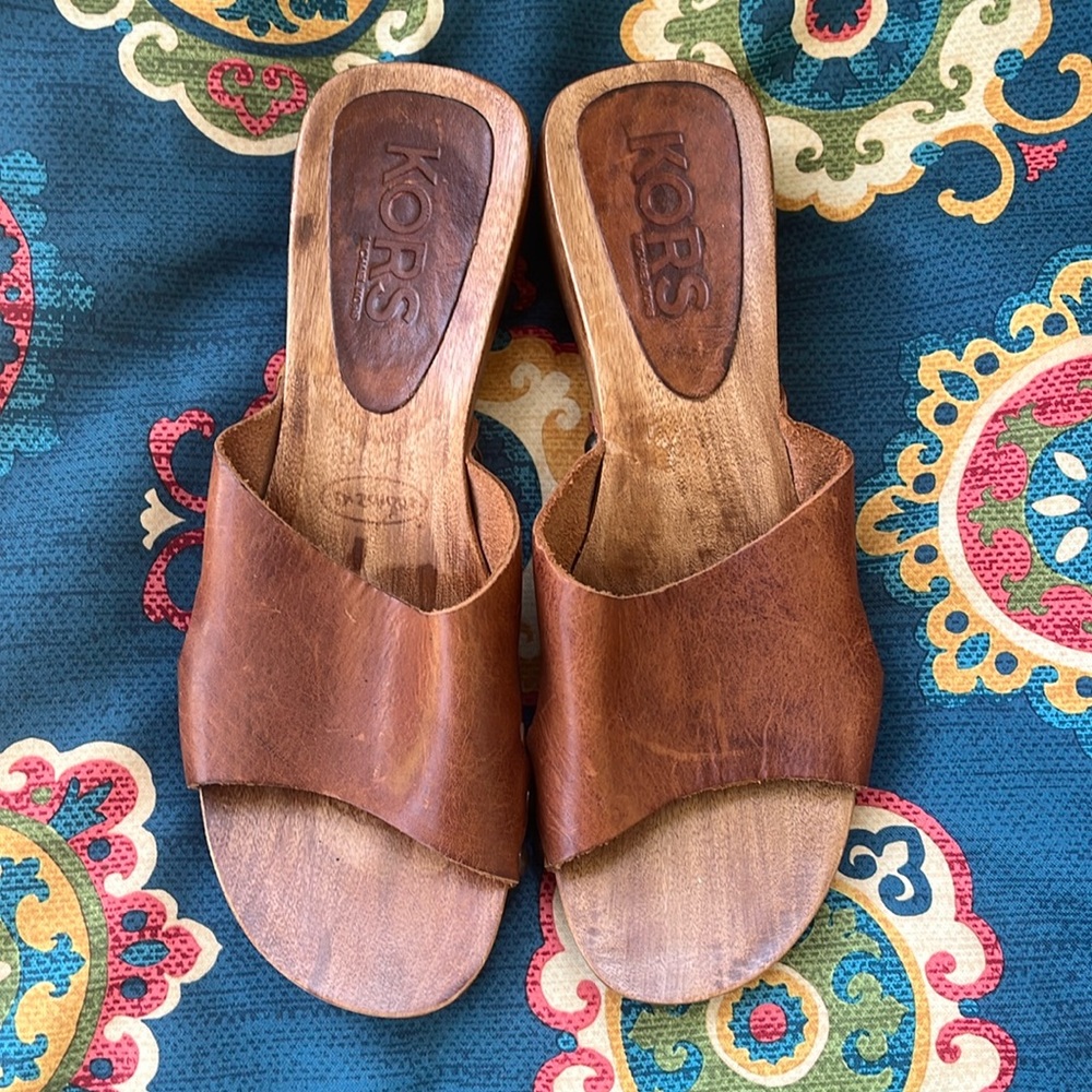 KORS by Michael Kors, brown wooden clogs size 6